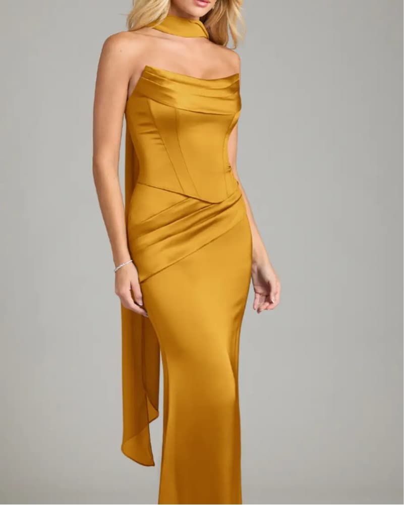 Azazie Sorrel Butterscotch Satin Dress - Image 1