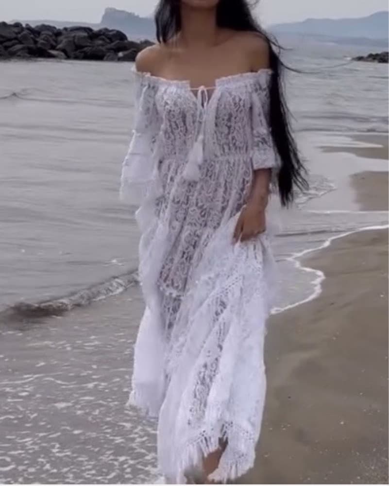 White Lace Off-Shoulder Maxi Dress - Image 1