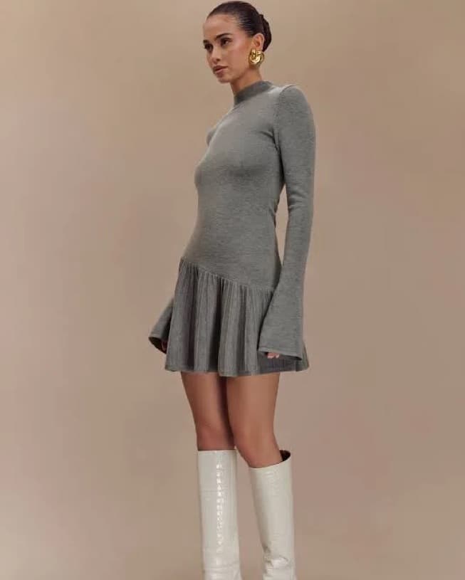 Elegant Grey Pleated Mini Dress - Image 2