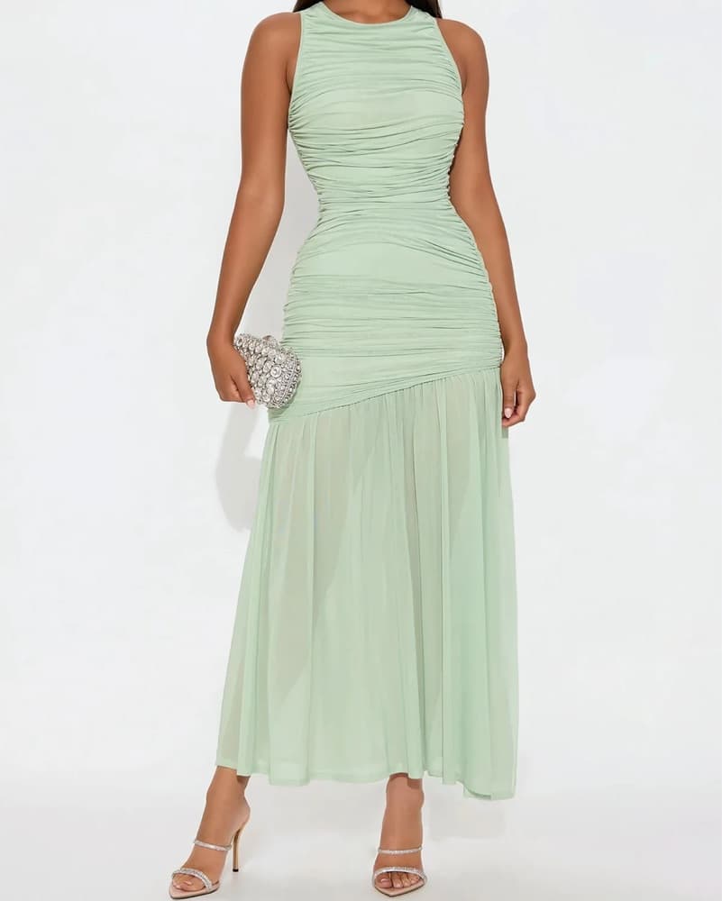 Green Ruched Long Dress - Image 1