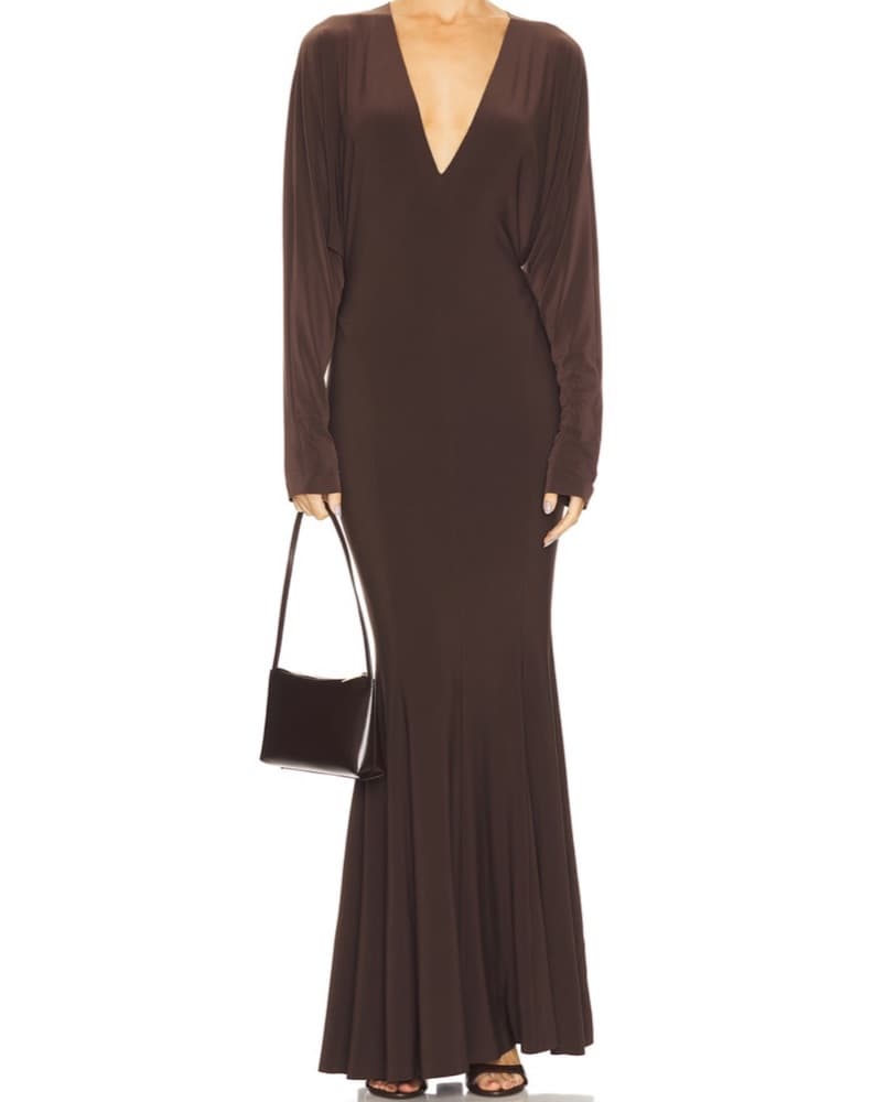 Norma Kamali Brown V Neck Fishtail Gown - Image 2