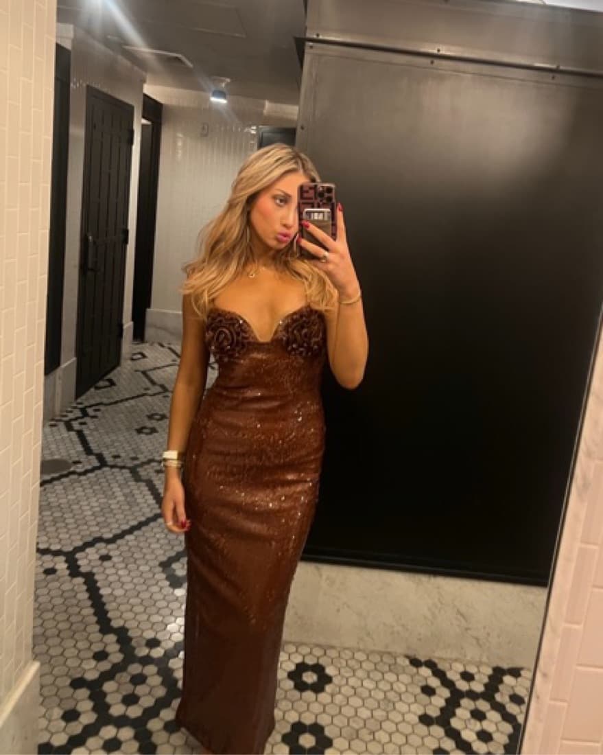 Hailey Bieber Brown Sequin Flower Dress  - Image 4