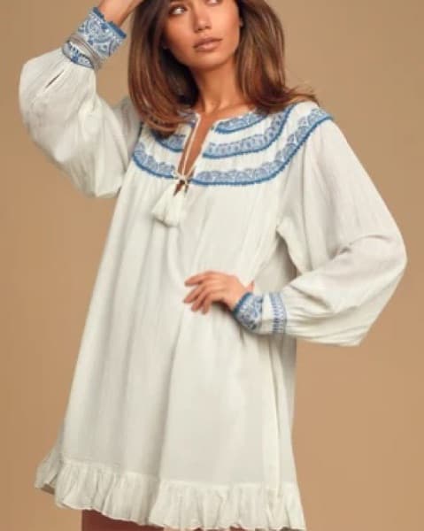 Free People White Blue Embroidered Dress - Image 1