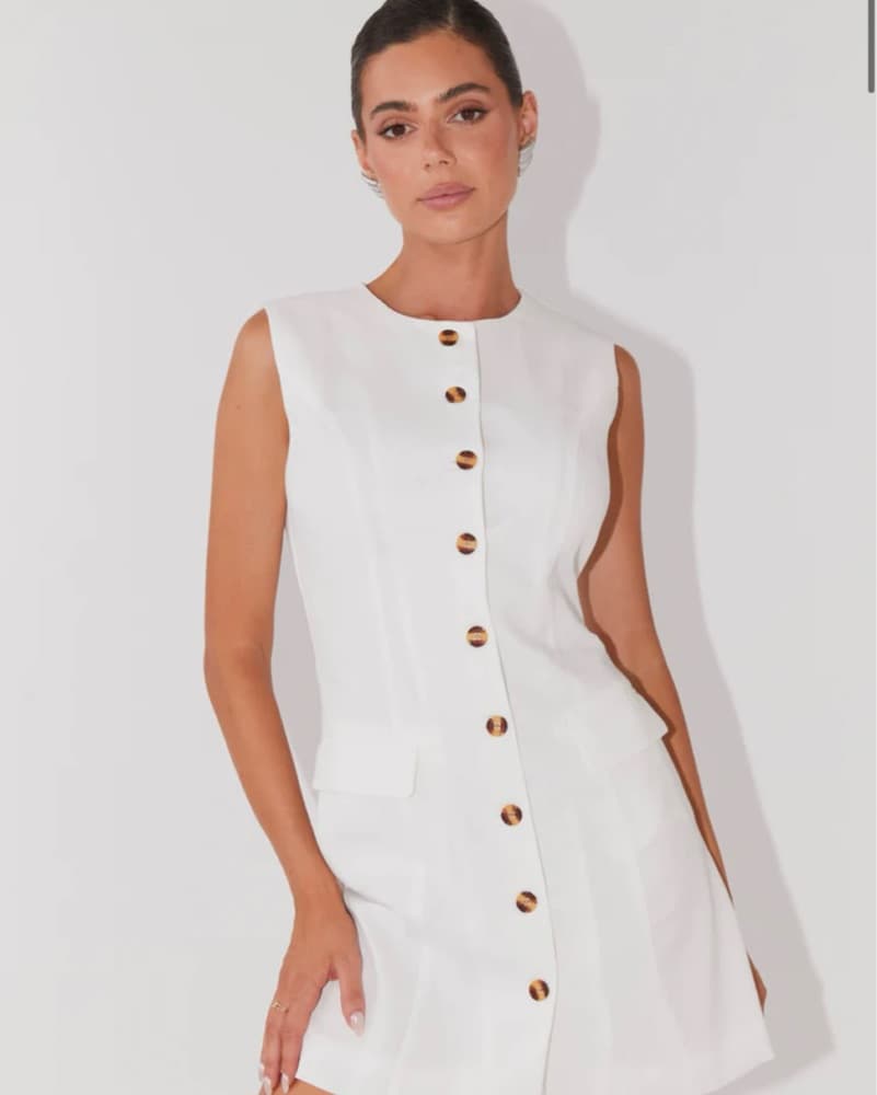 White Linen Button Down Mini Dress  - Image 4