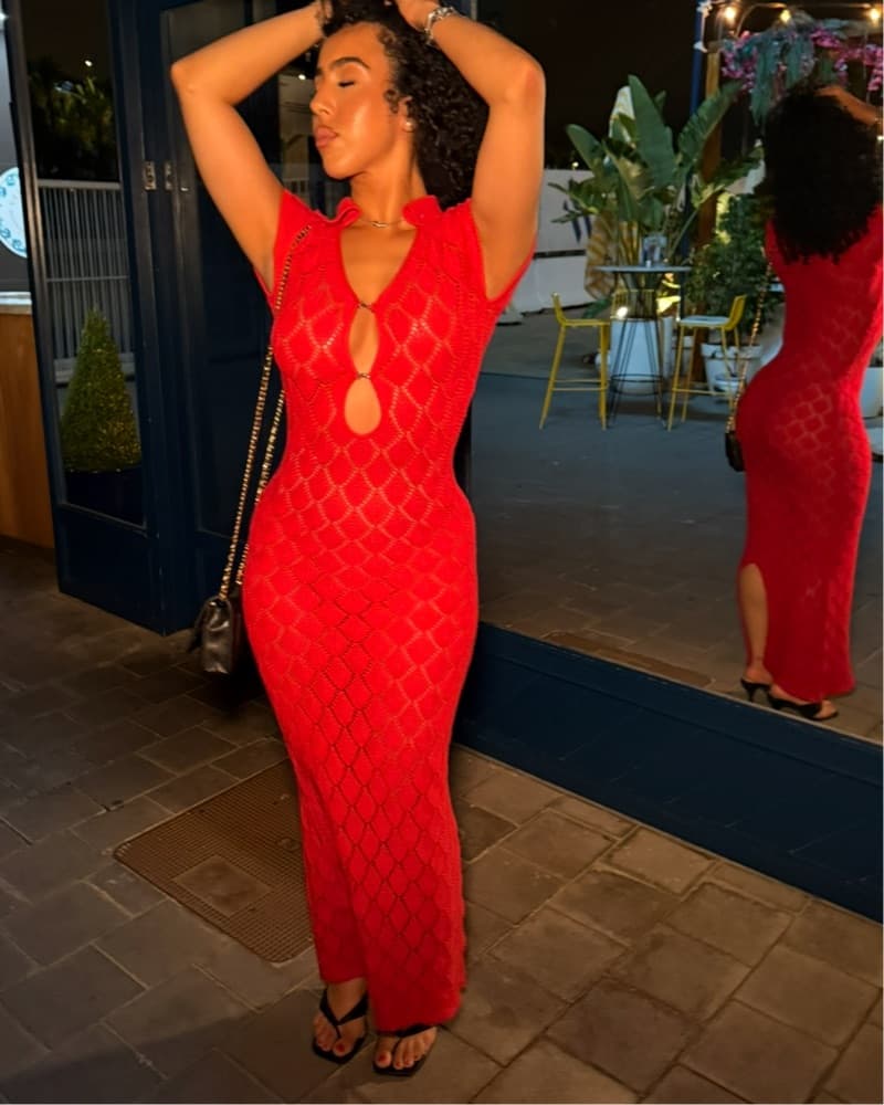Vibrant Red Patterned Maxi Dress - Image 3