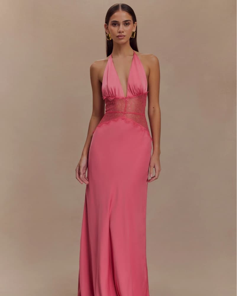 Meshki Fuchsia Lace Satin Halter Gown - Image 3