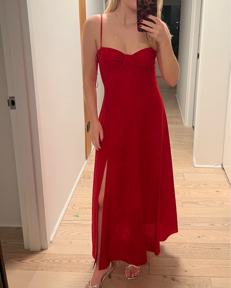 Red Zara Linen Corset Midi Dress - Image 1
