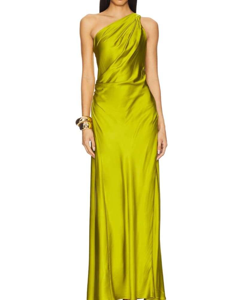 Elegant One-Shoulder Olive Green Gown - Image 1