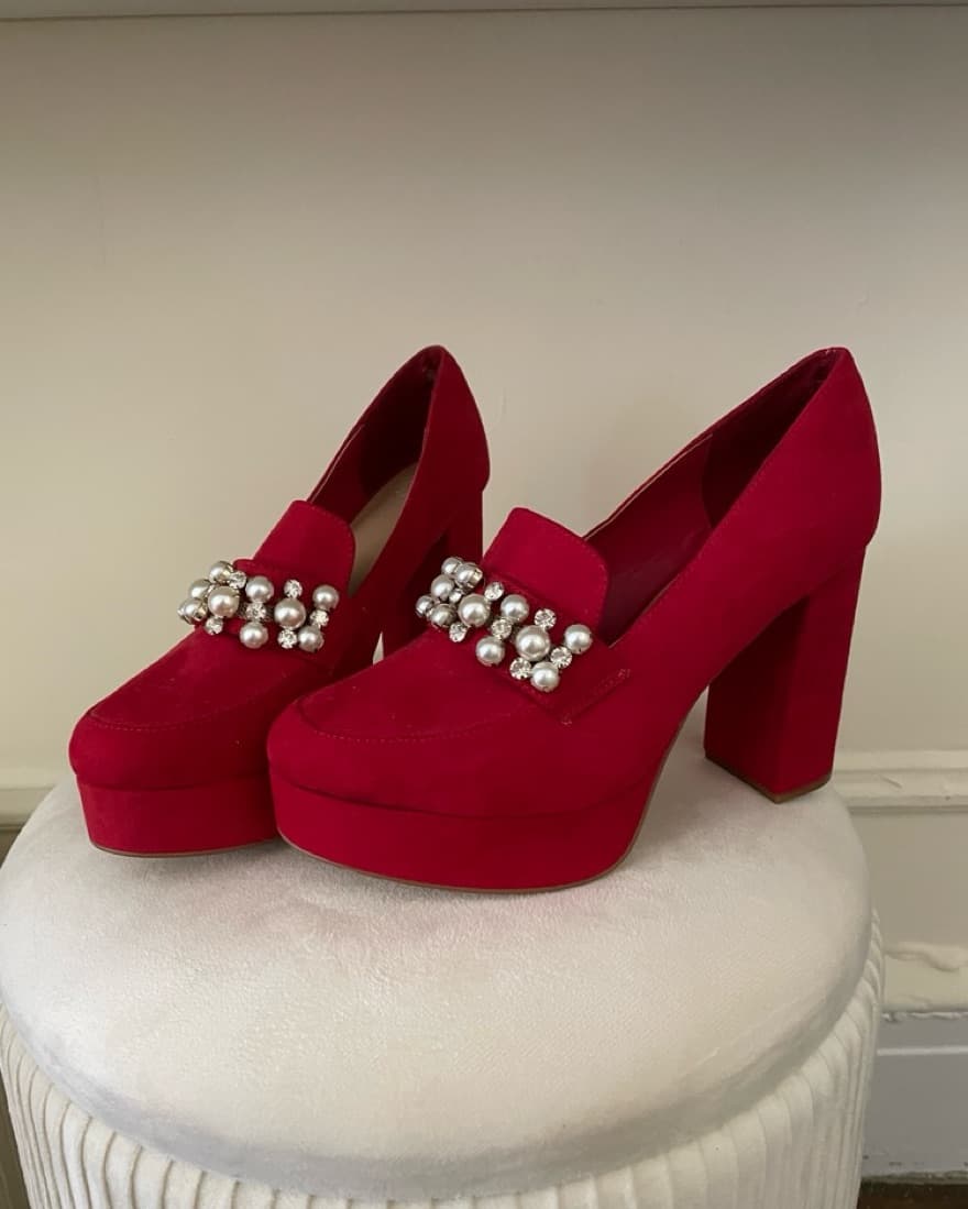 Radiant Red Velvet Embellished Pumps - Image 1