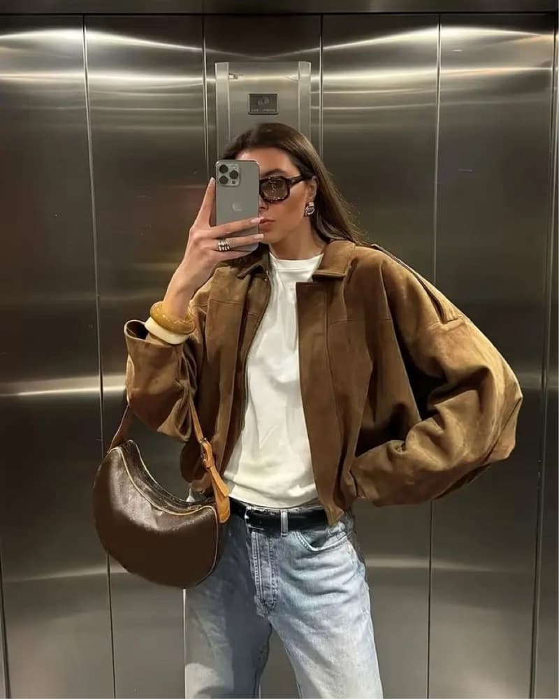 Suede Bomber Jacket - Brown - Image 5