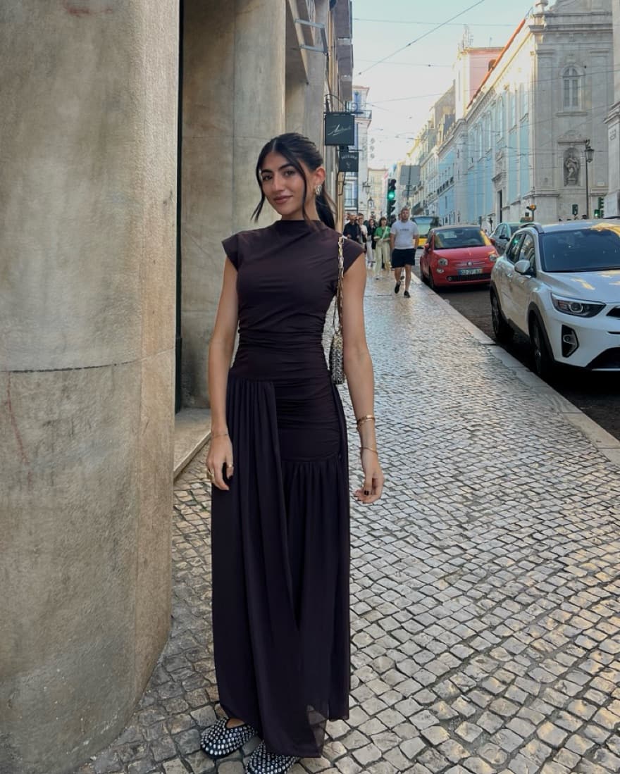 Chocolate Brown Dress With Sheer Draping - Image 1