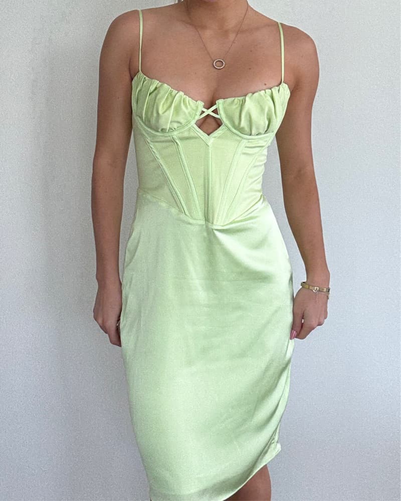 House Of CB Lime Green Satin Midi Dress  - Image 1