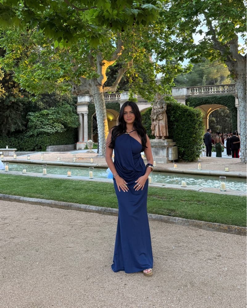 Elegant Halter Linen Navy Blue Gown - Image 1