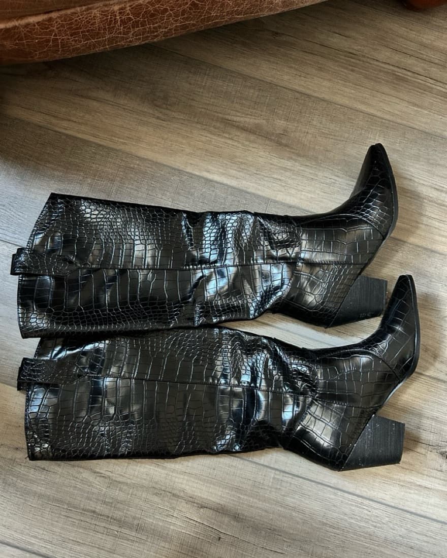 Black Croc Faux Leather Knee High Boot - Image 5
