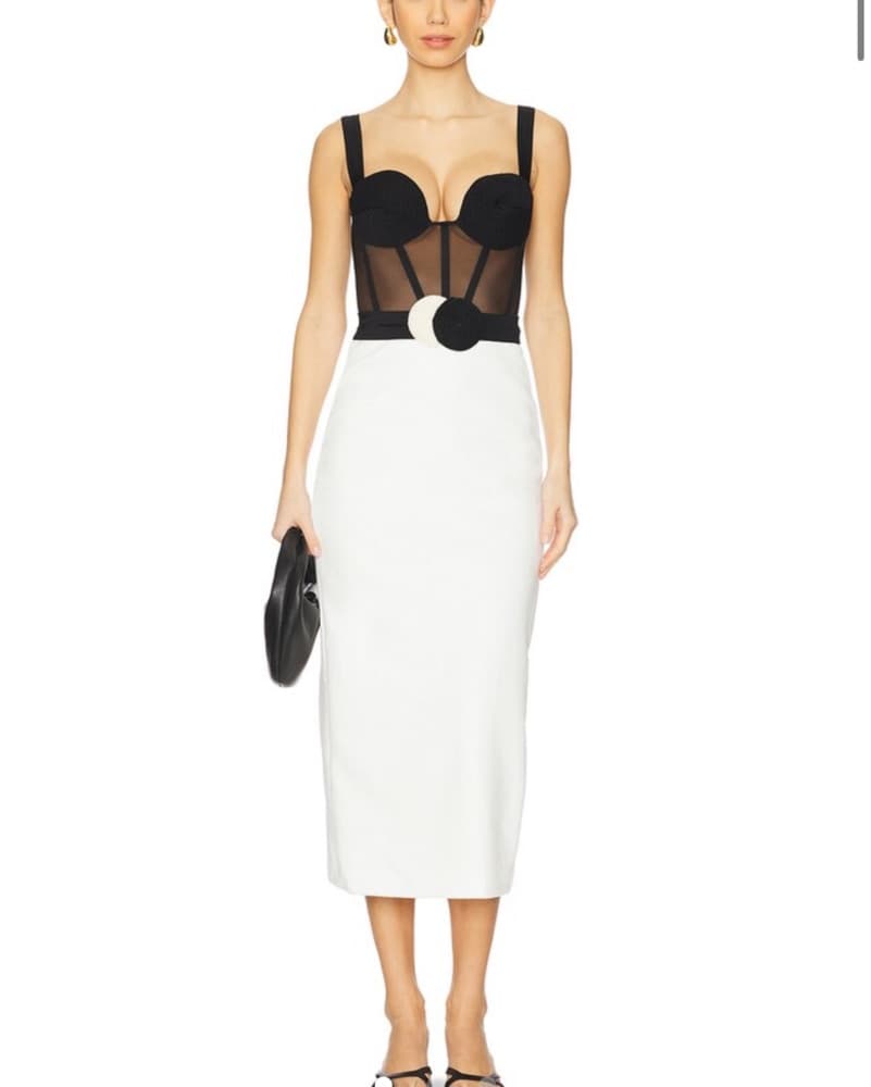 Black And White Belted Corset Midi Dress - Image 1