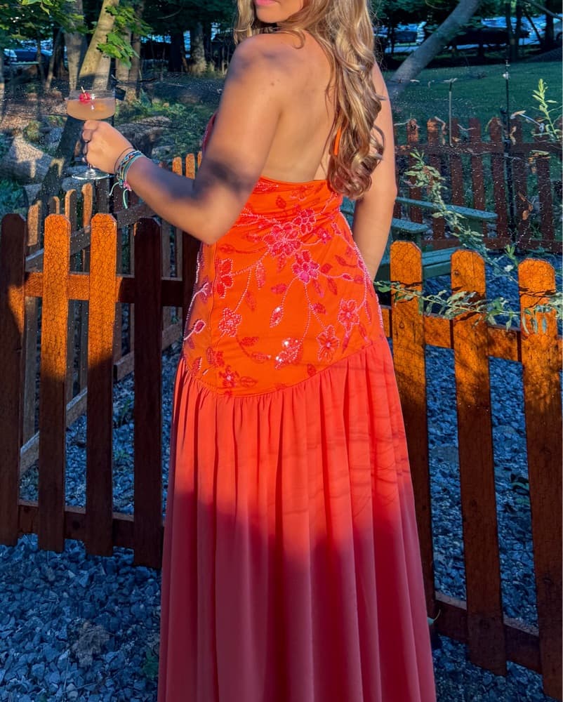 Orange Beaded Floral Halter Maxi Dress - Image 4