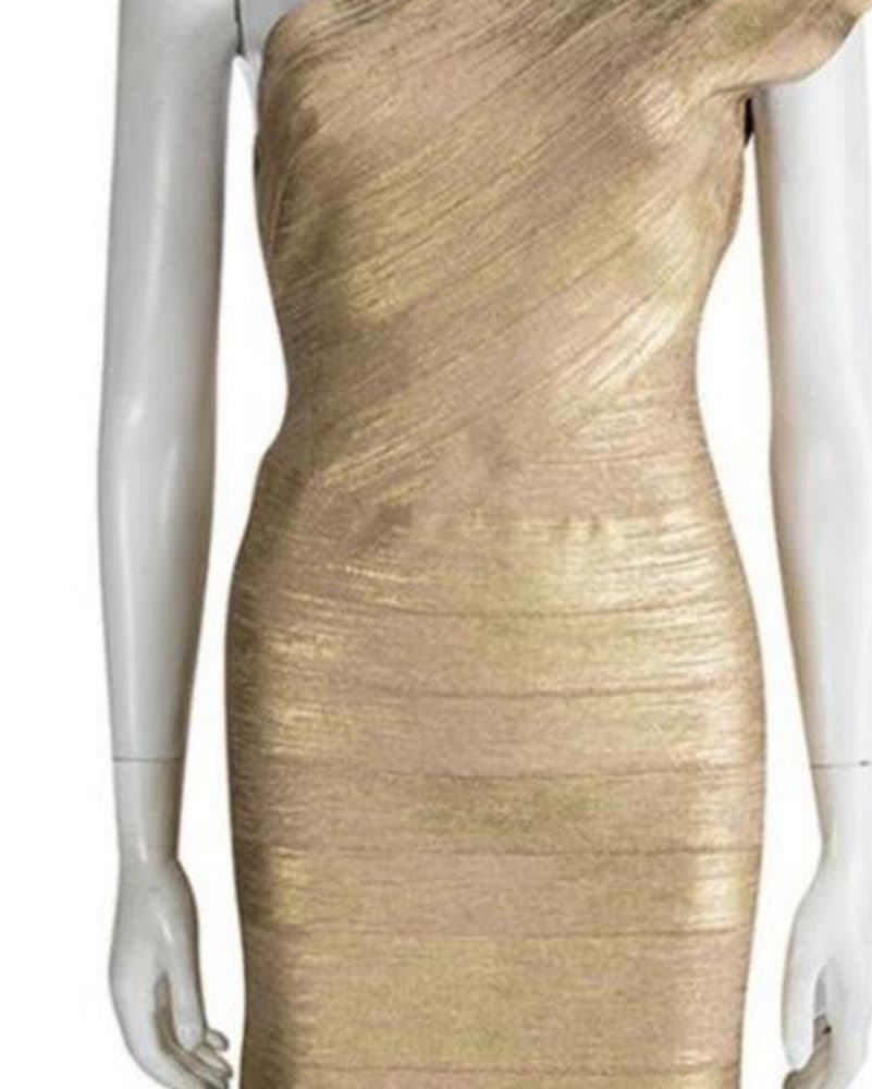 Luxurious One-Shoulder Gold Bandage Dress - Image 2