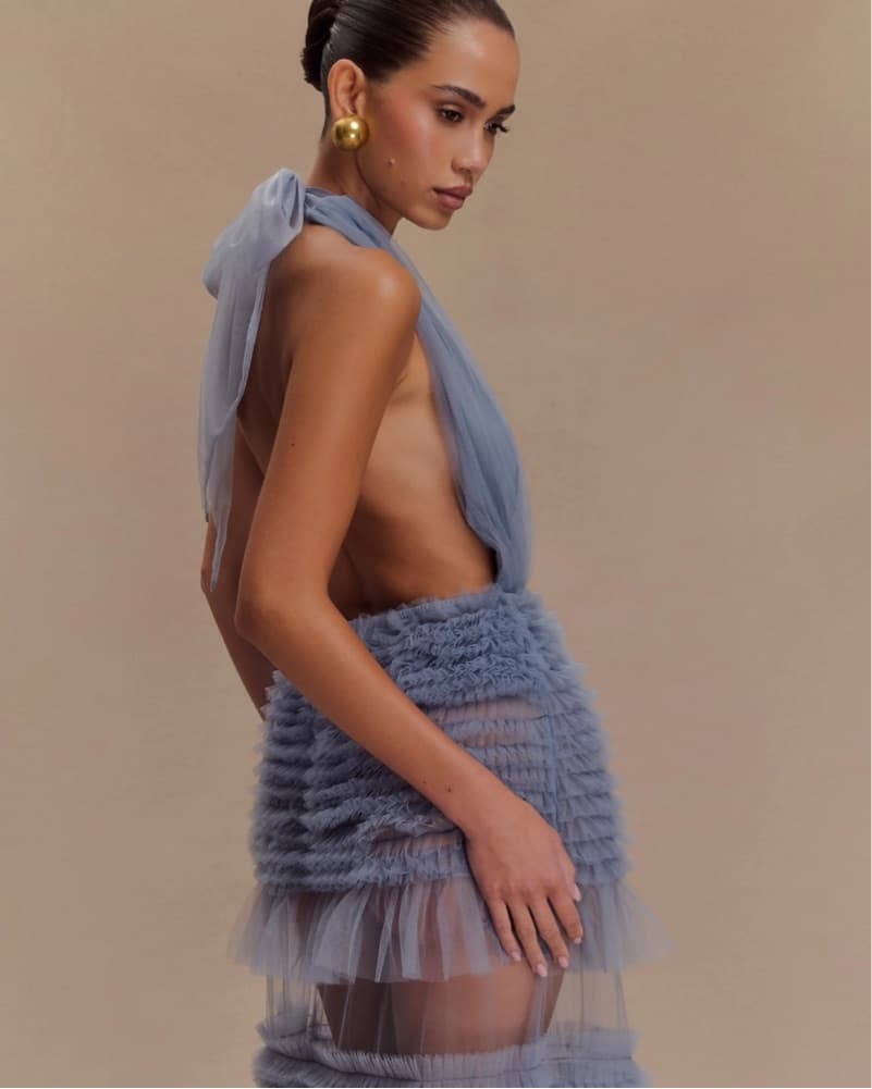 MESHKI Dusty Blue Chic Ruffle Dress - Image 3