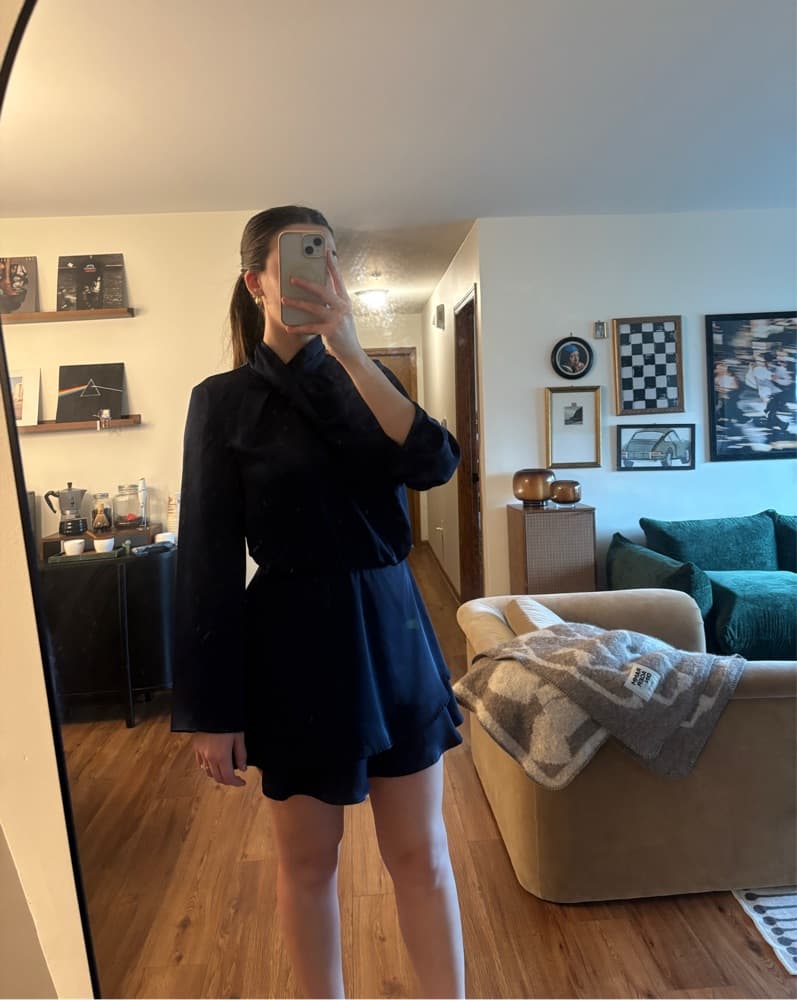 Navy Blue Long Sleeve Mini Dress - Image 3