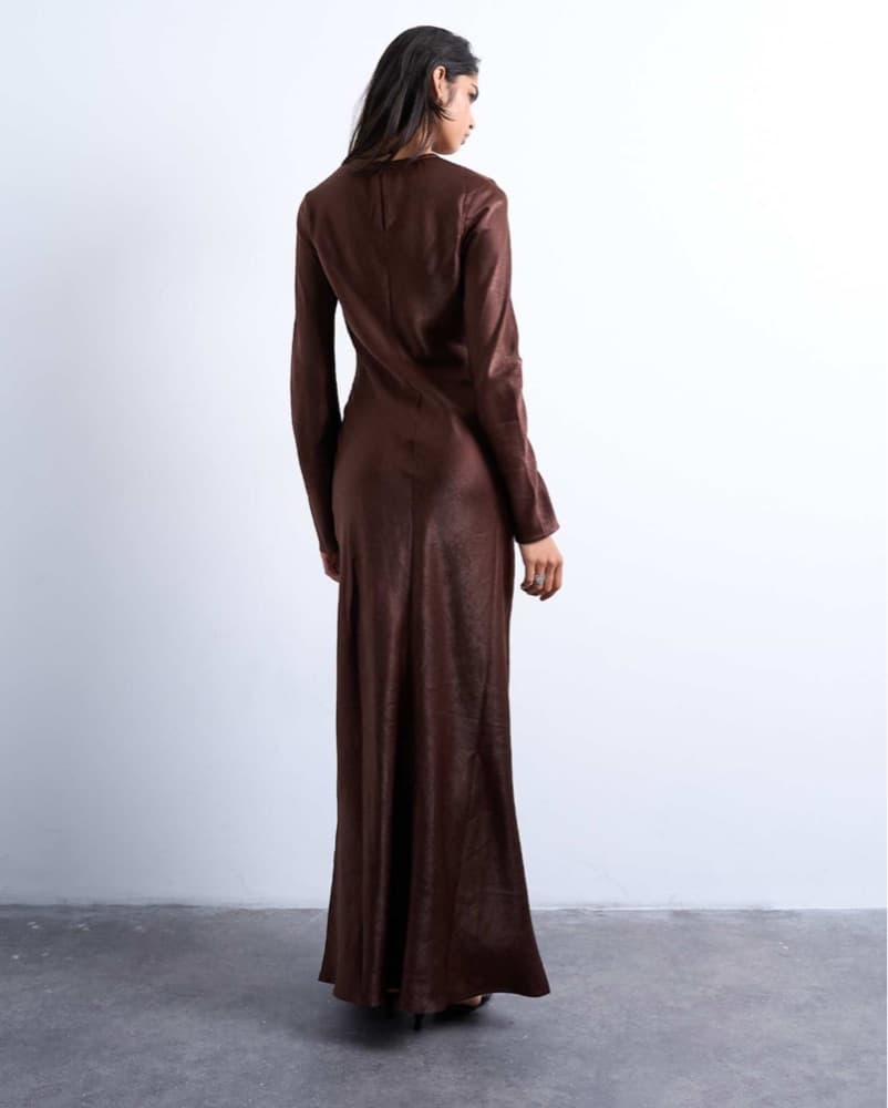 Satin Brown Lacework Maxi Dress - Image 4