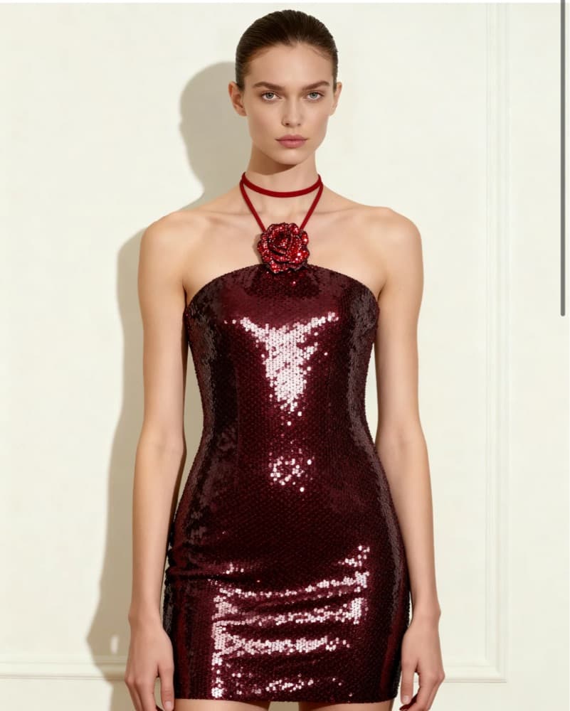 JW Pei Burgundy Sequined Halter Mini  - Image 1