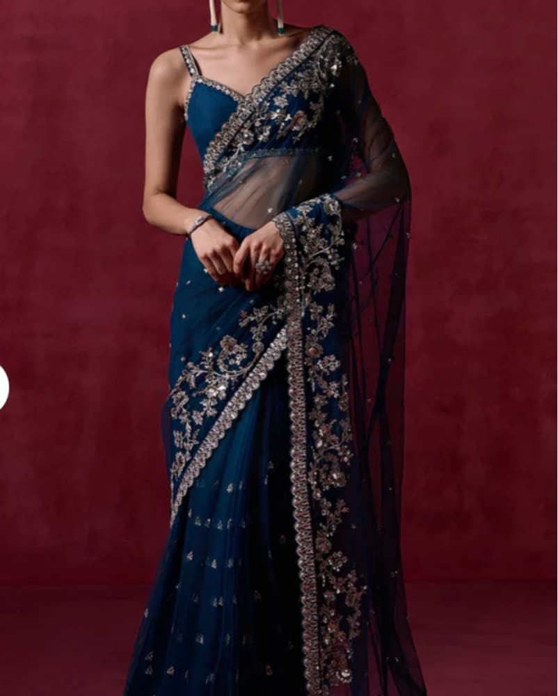 Teal Blue Embroidered Net Saree Indian - Image 2
