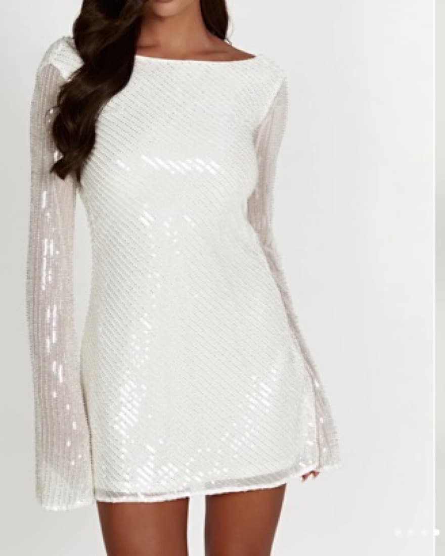 Long Sleeve Backless White Sparkle Dress - Image 1