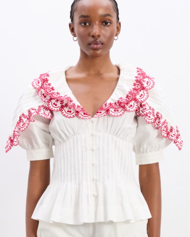 Embroidered Cherry Puff Sleeve Blouse - Image 2