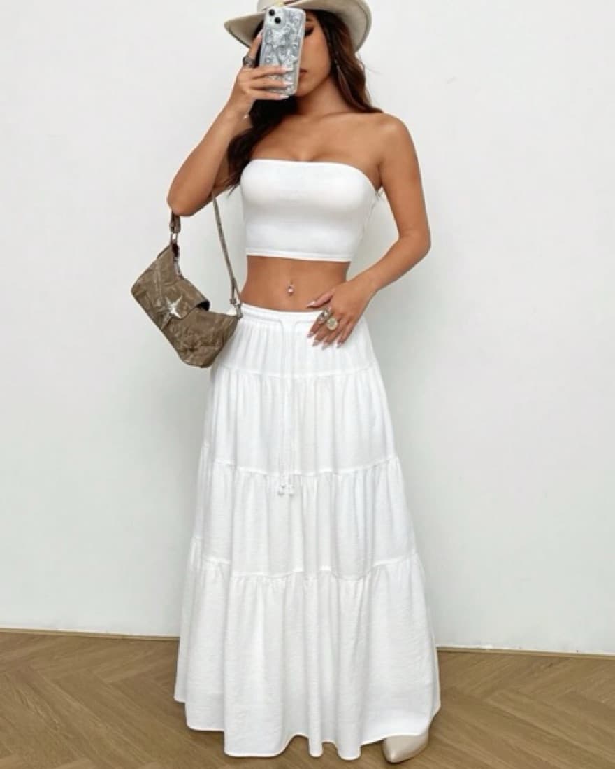 Chic White Tiered Maxi Skirt Outfit - Image 2