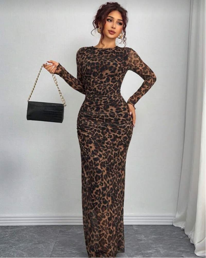 Leopard Print Long Sleeve Maxi Dress - Image 3
