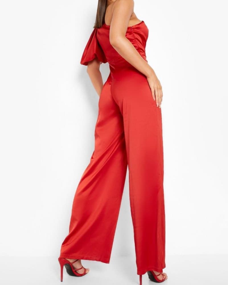 Red Satin One-Shoulder Jumpsuit - Image 2