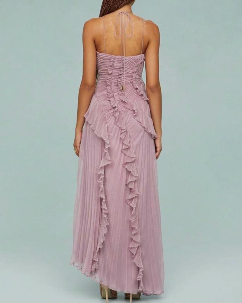 Lavender Pleated Ruffle Halter Maxi Dress - Image 5