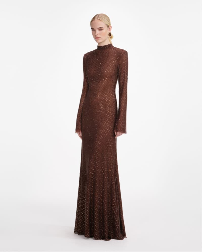 Self-portait Brown Rhinestone Mesh Maxi - Image 2