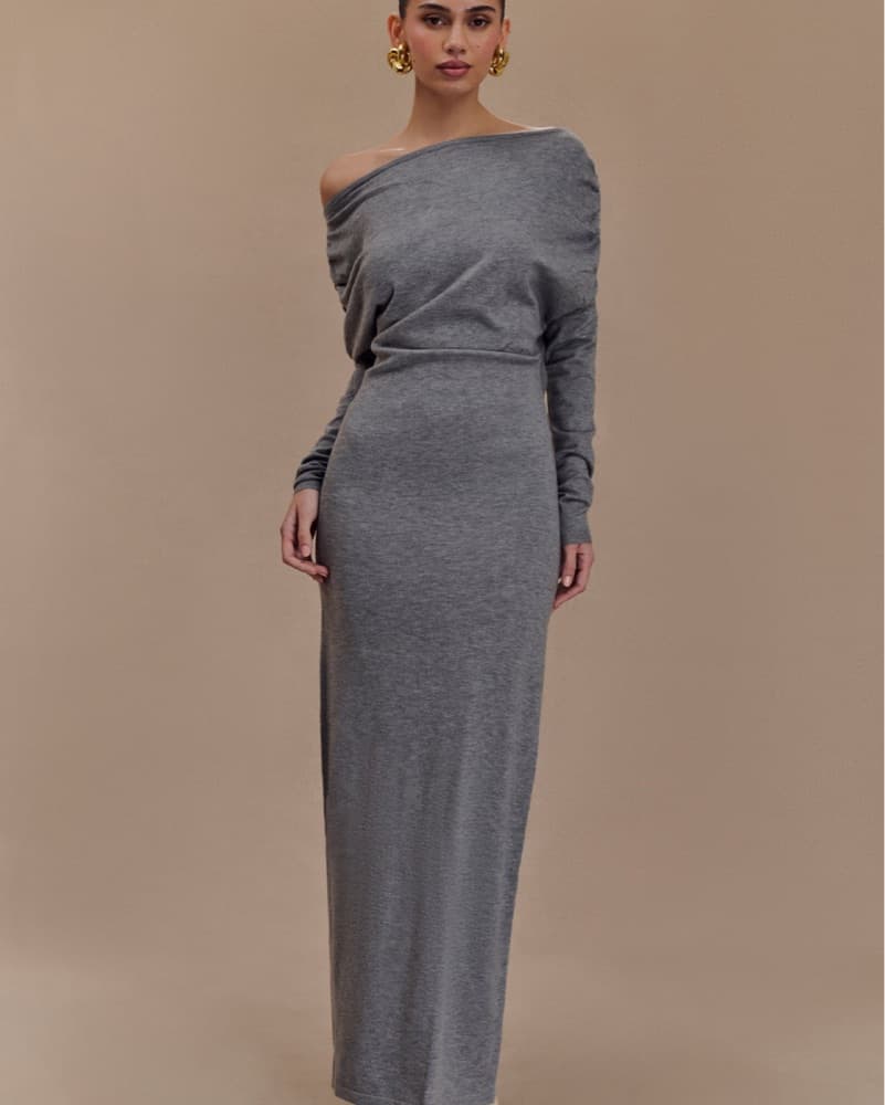 Elegant Off-Shoulder Gray Dress - Image 3