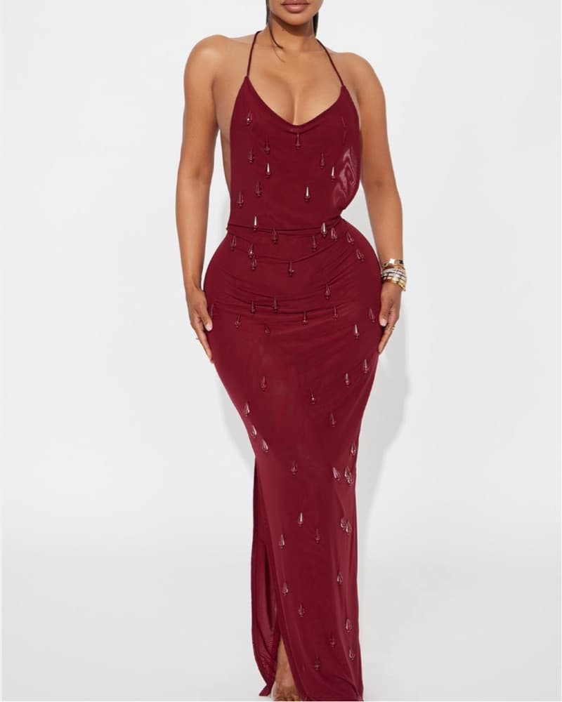 Porter Beaded Mesh Maxi Dress - Wine - Image 1