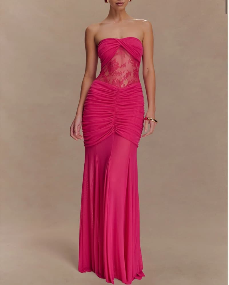Vibrant Fuchsia Ruched Lace Gown - Image 1