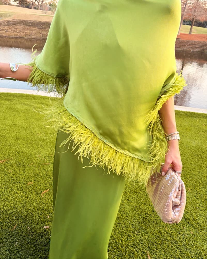 Liv Foster Gown With Green Feather Cape - Image 4