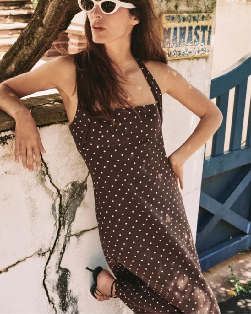 Linen Polka Dot Halter Midi Dress - Image 2