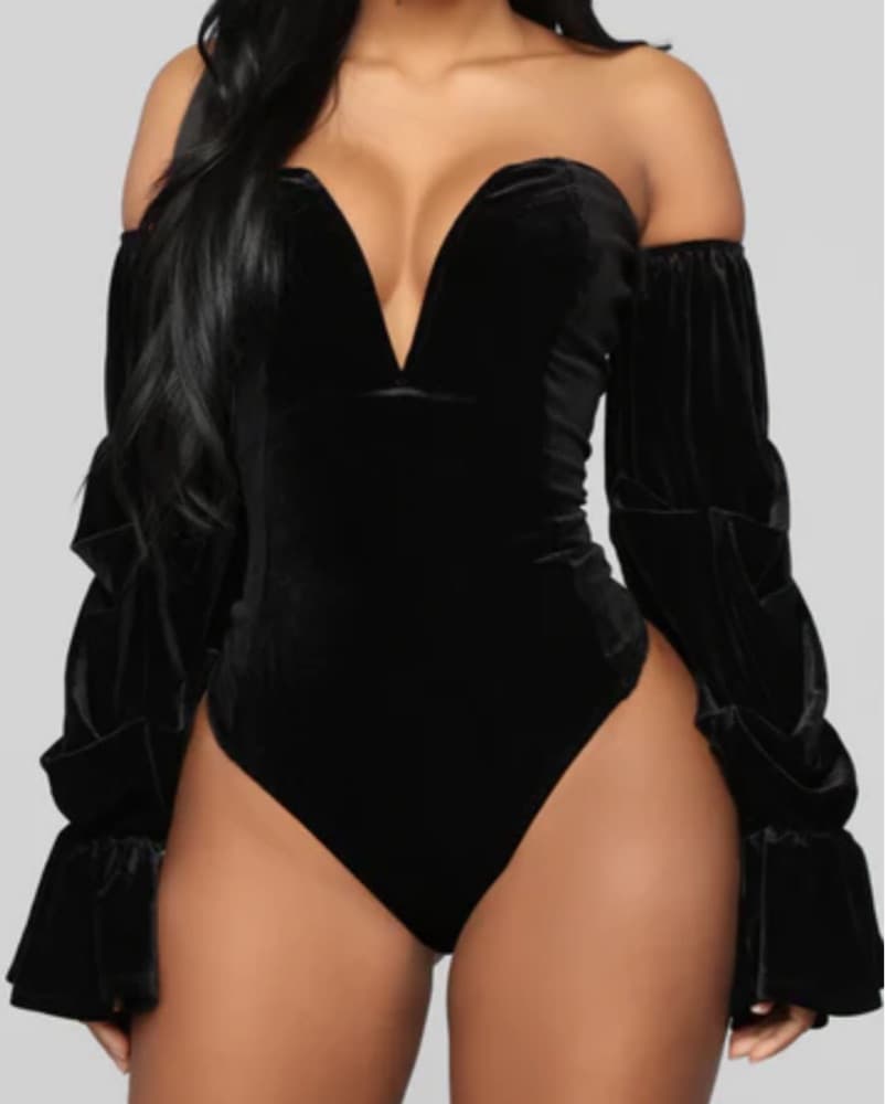 Black Velvet Off Shoulder Bodysuit - Image 1