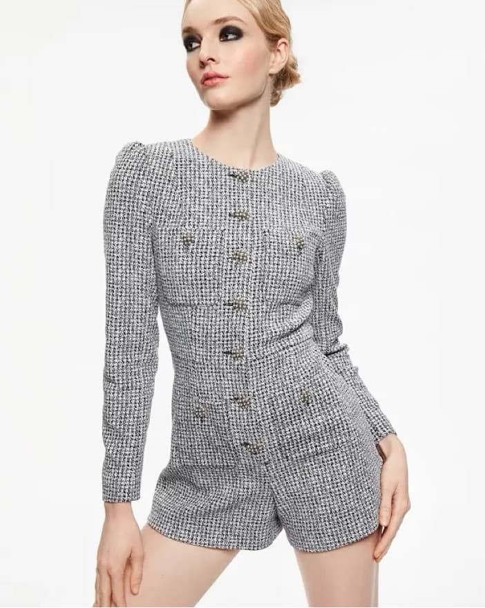 Chic Tweed Romper with Puff Sleeves - Image 1