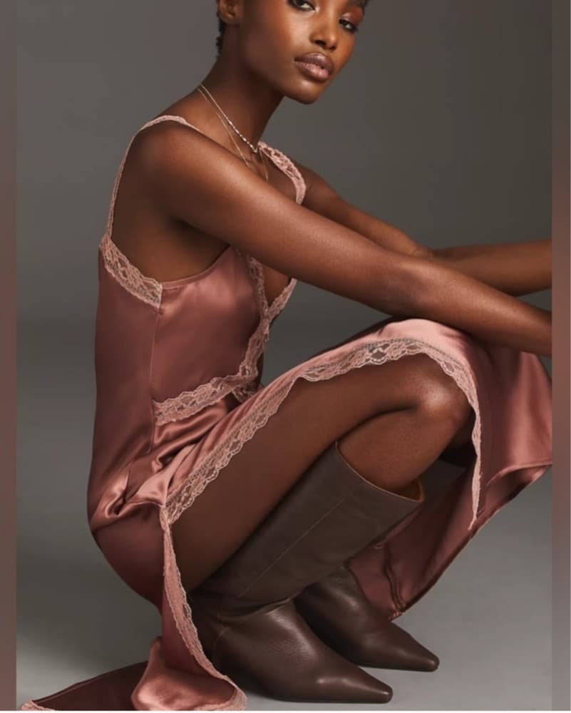Anthropologie Satin Lace trim Dress - Image 3