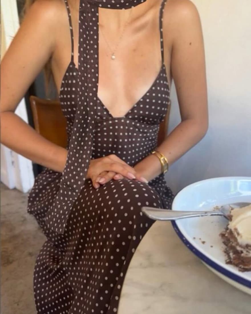 Brown Polka Dot Maxi Dress and Scarf - Image 1