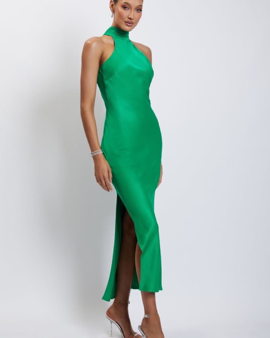 Meshki Green Satin Drape Back Dress - Image 2
