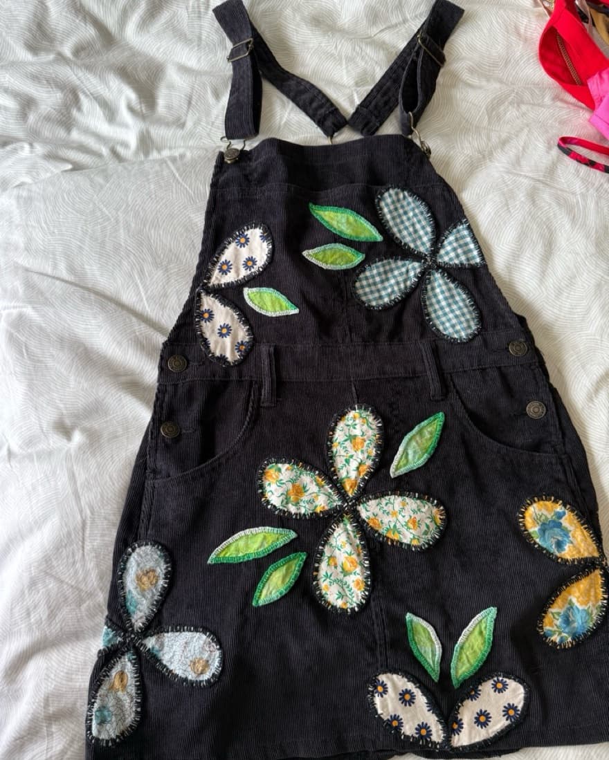 Whimsical Floral Embroidered Corduroy Jumper Dress - Image 1
