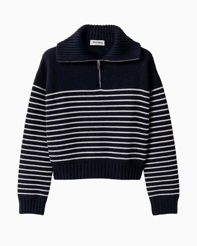 Miu Miu Stripped Cashmere Quarter Zip - Image 1