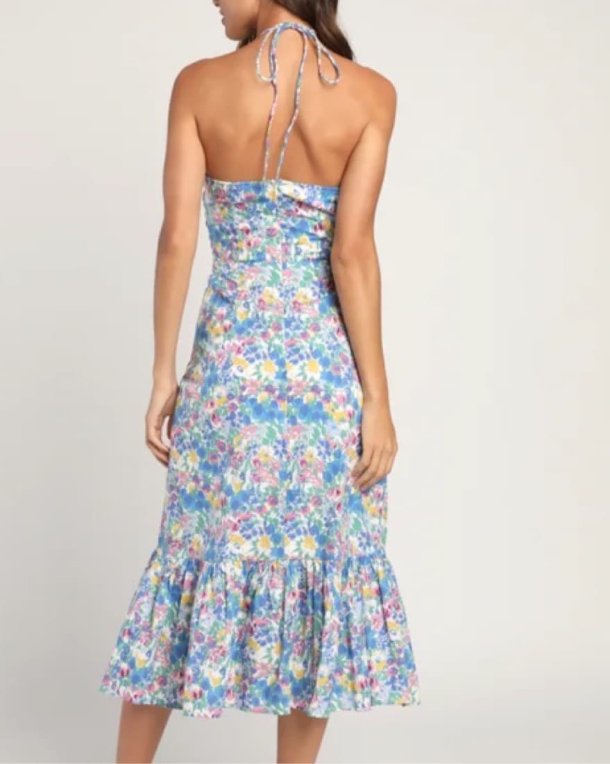 Blue Multi Floral Drawstring Midi Dress - Image 2