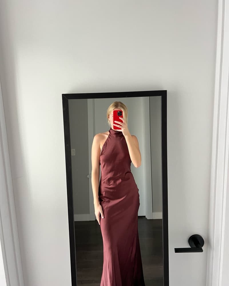 Silk Burgundy Halter Gown With Open Back - Image 1