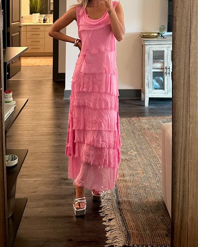 Pink Flowy Ruffled Tiered Maxi Dress - Image 1