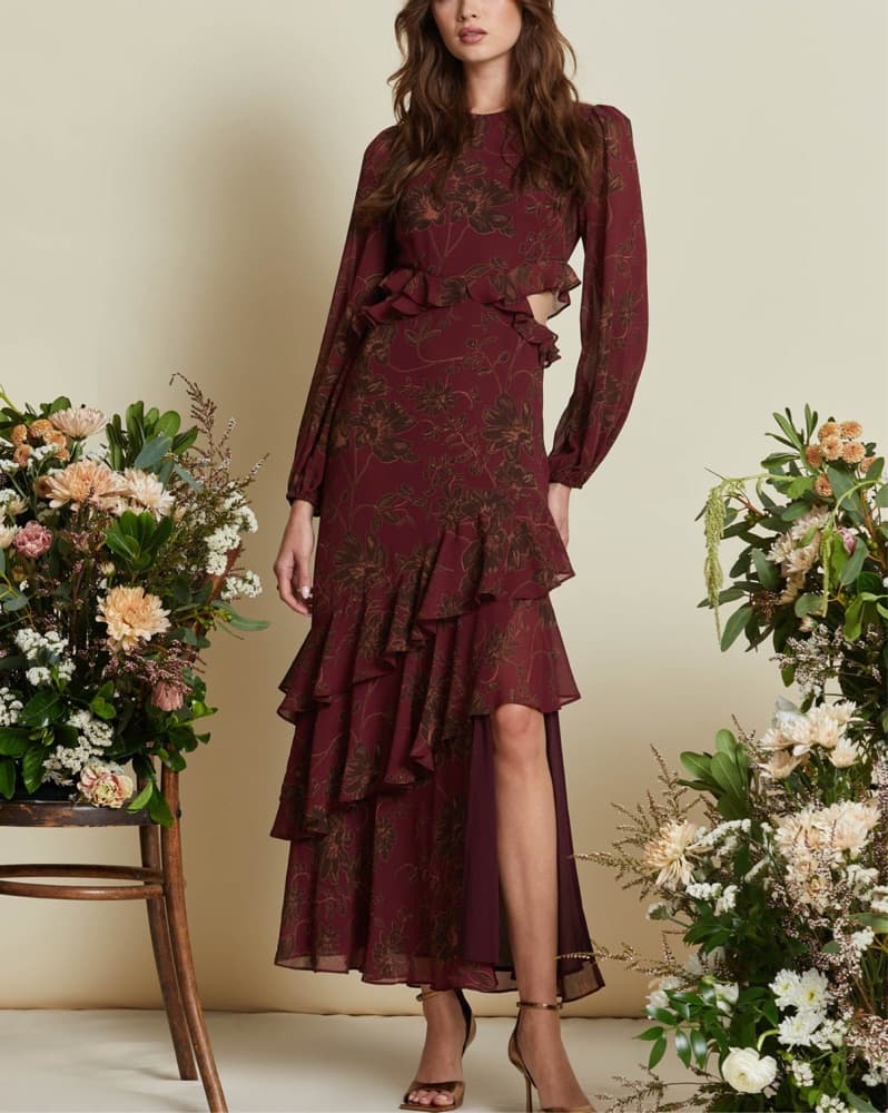 ASTR Burgundy Floral Ruffle Maxi Dress - Image 3