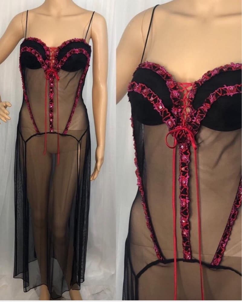 Sheer Black Embroidered y2k Corset Dress - Image 1